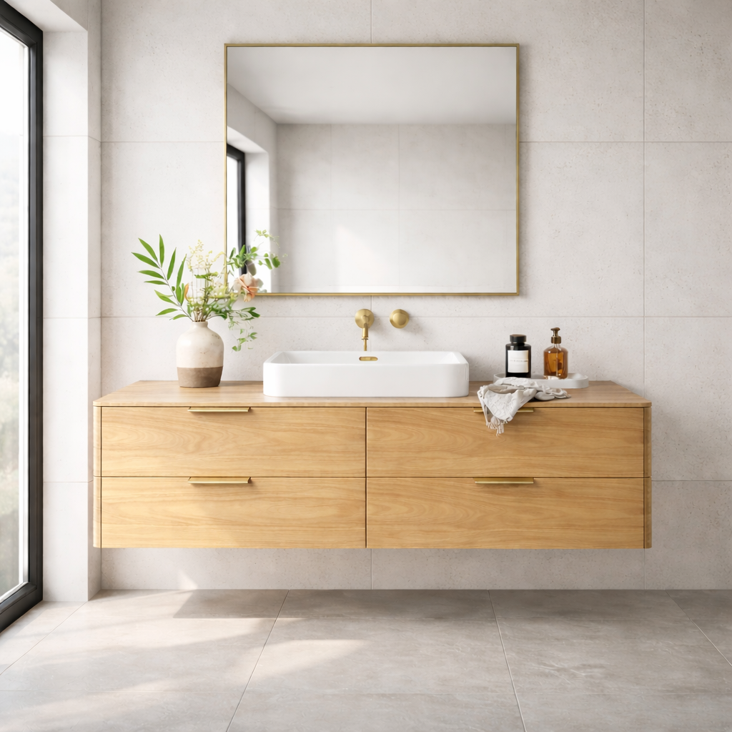 Modern Solid Wood Floating Bathroom Vanity with Four Storage Drawers