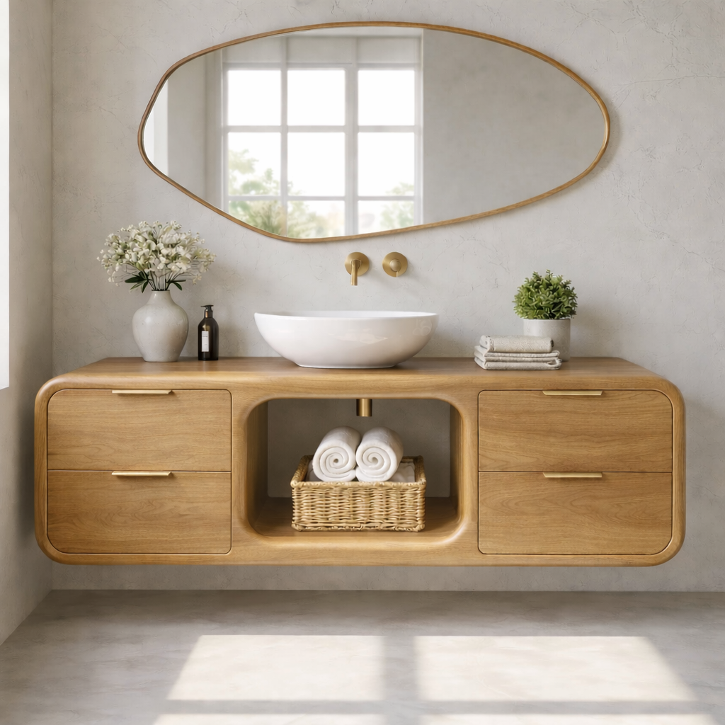 Modern Floating Solid Wood Bathroom Vanity with Open Center Shelf and Drawer Storage
