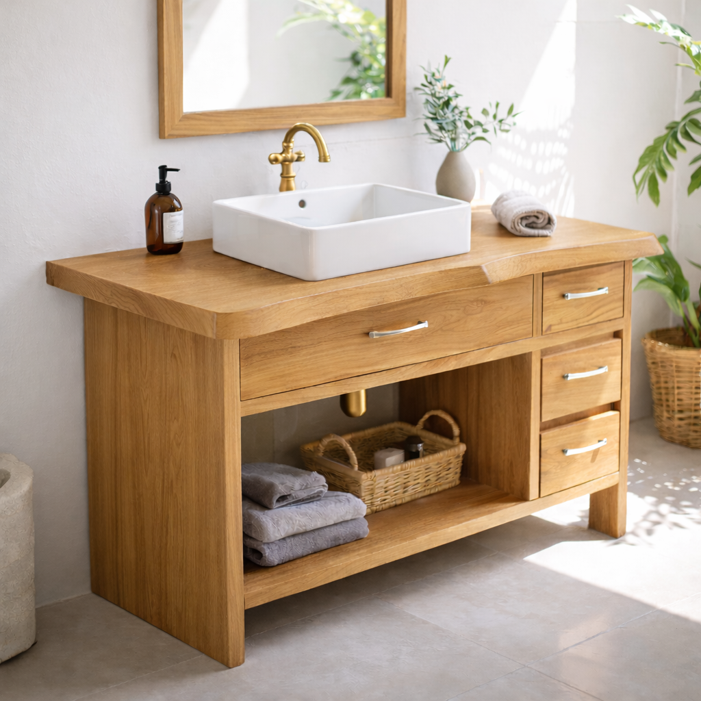 Modern Solid Wood Bathroom Vanity with Multiple Drawers and Open Storage Shelf