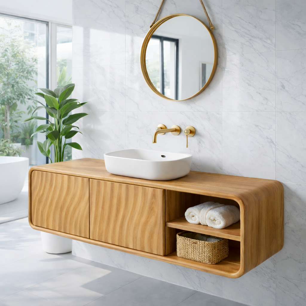 Modern Floating Solid Wood Bathroom Vanity with Wave Grain Cabinet Doors