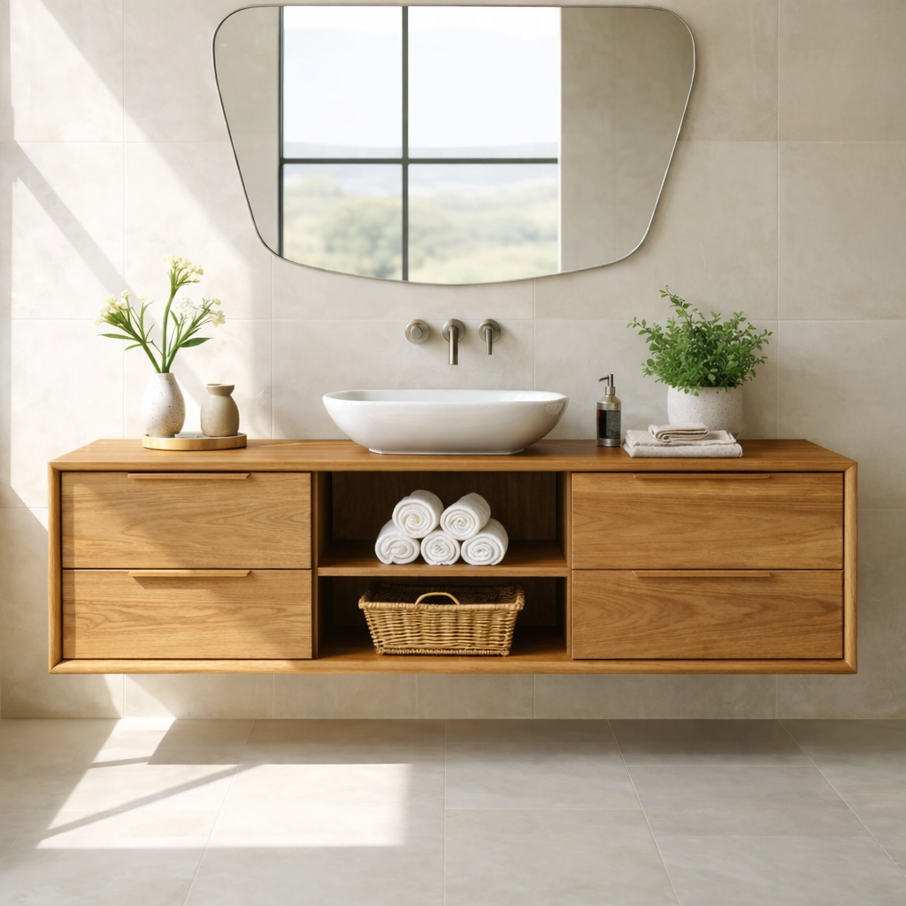 Modern Floating Oak Bathroom Vanity with Open Shelf and Double Drawer Storage