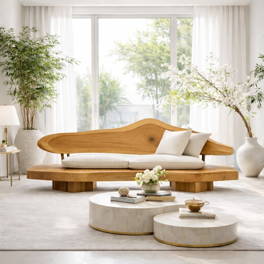 Solid Wood Sculptural Sofa Organic Modern Style