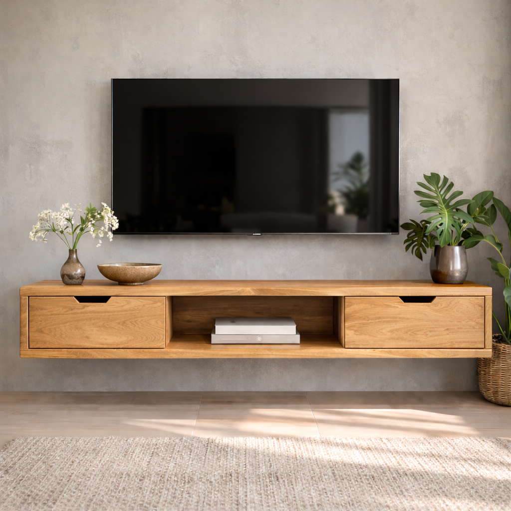 Floating Walnut Wood TV Stand with Drawers and Open Media Shelf