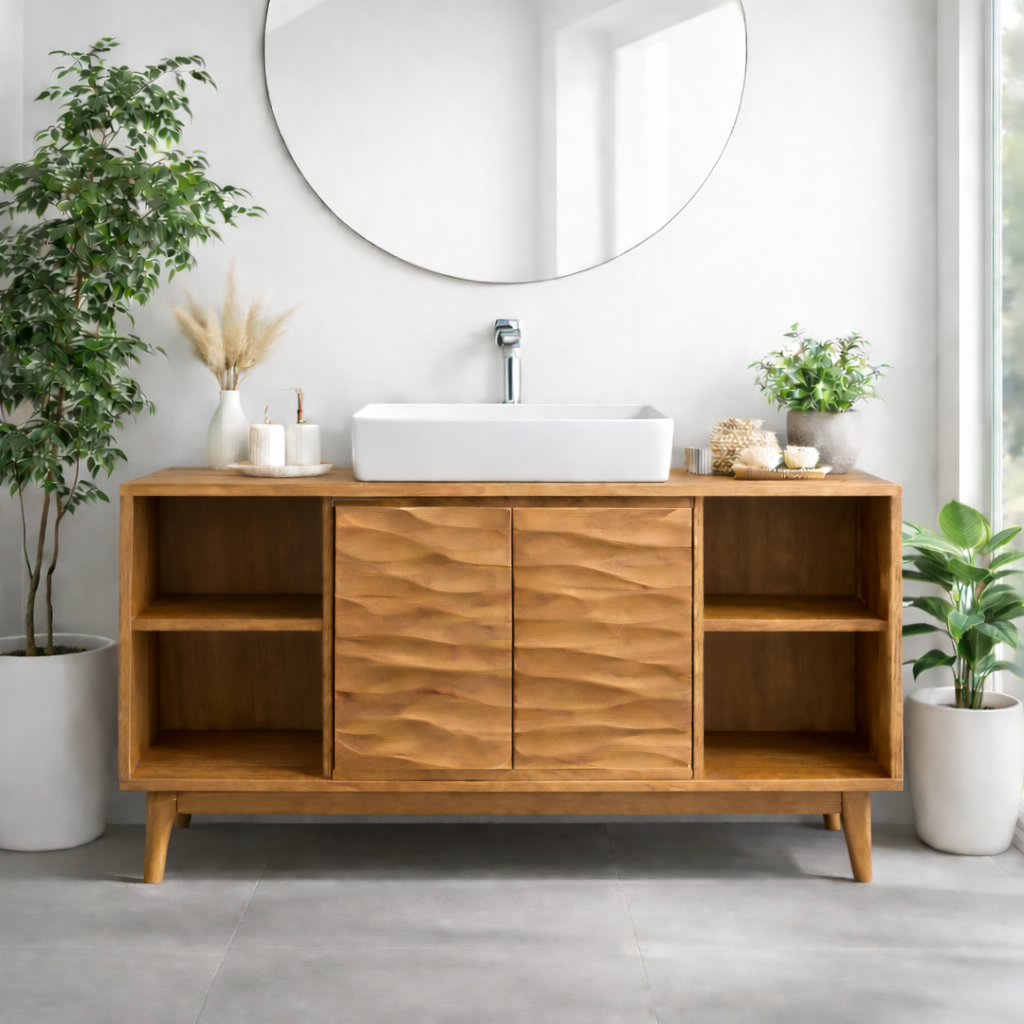 Mid-Century Solid Wood Bathroom Vanity with Textured Cabinet Doors and Open Shelving