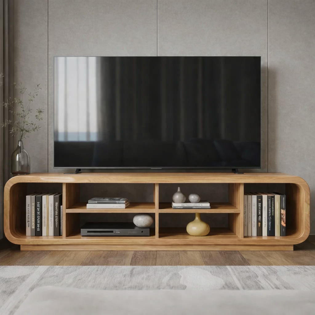 Modern Solid Wood TV Stand with Open Shelf Storage, Walnut Media Console for Living Room