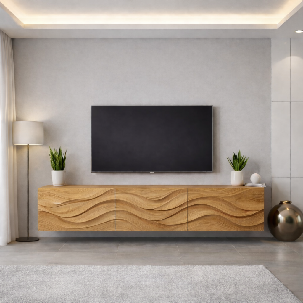 Wave Carved Solid Oak TV Stand with Modern Design, Stylish Media Console for Living Room