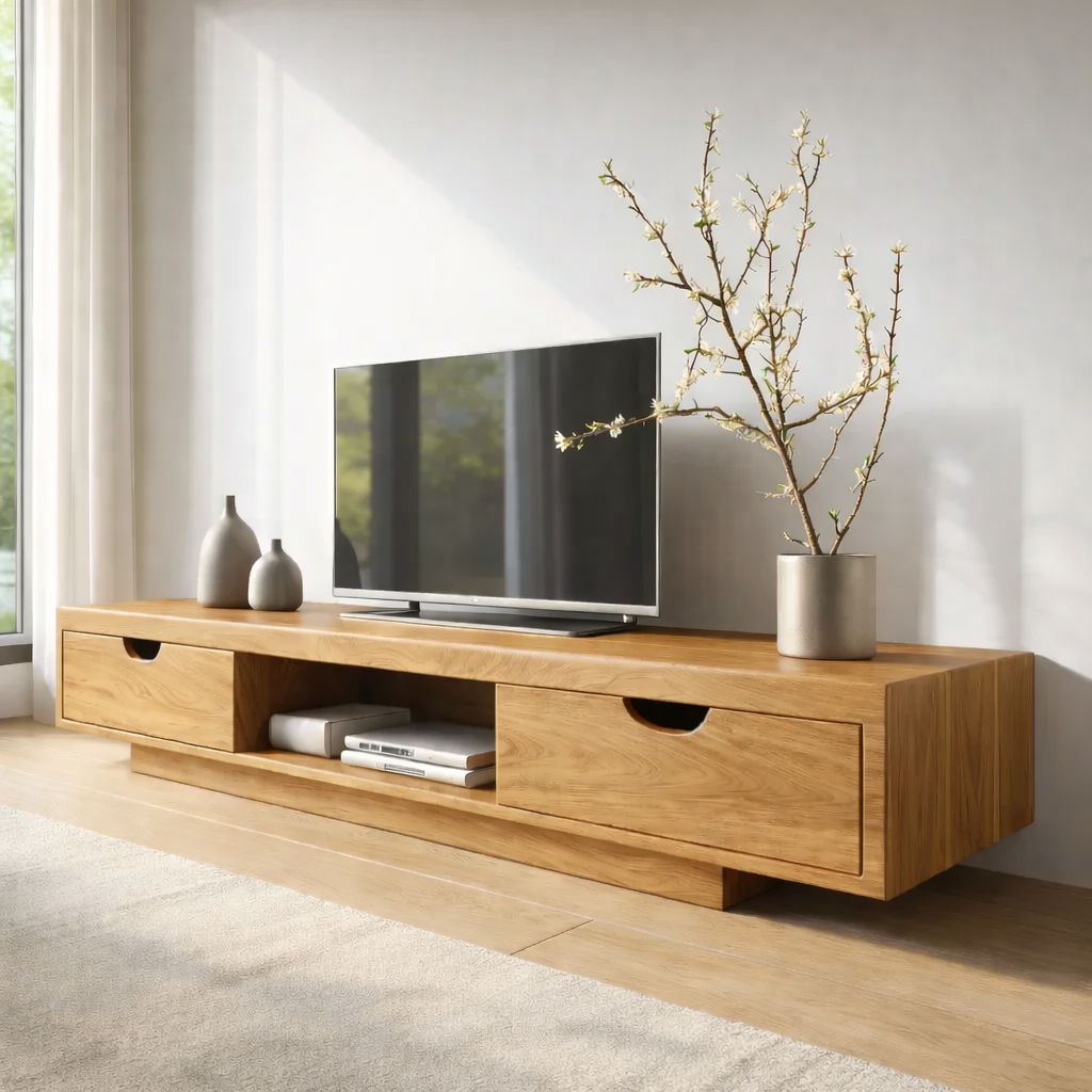 Walnut Wood TV Stand with Drawers – Modern Solid Wood Media Console Cabinet