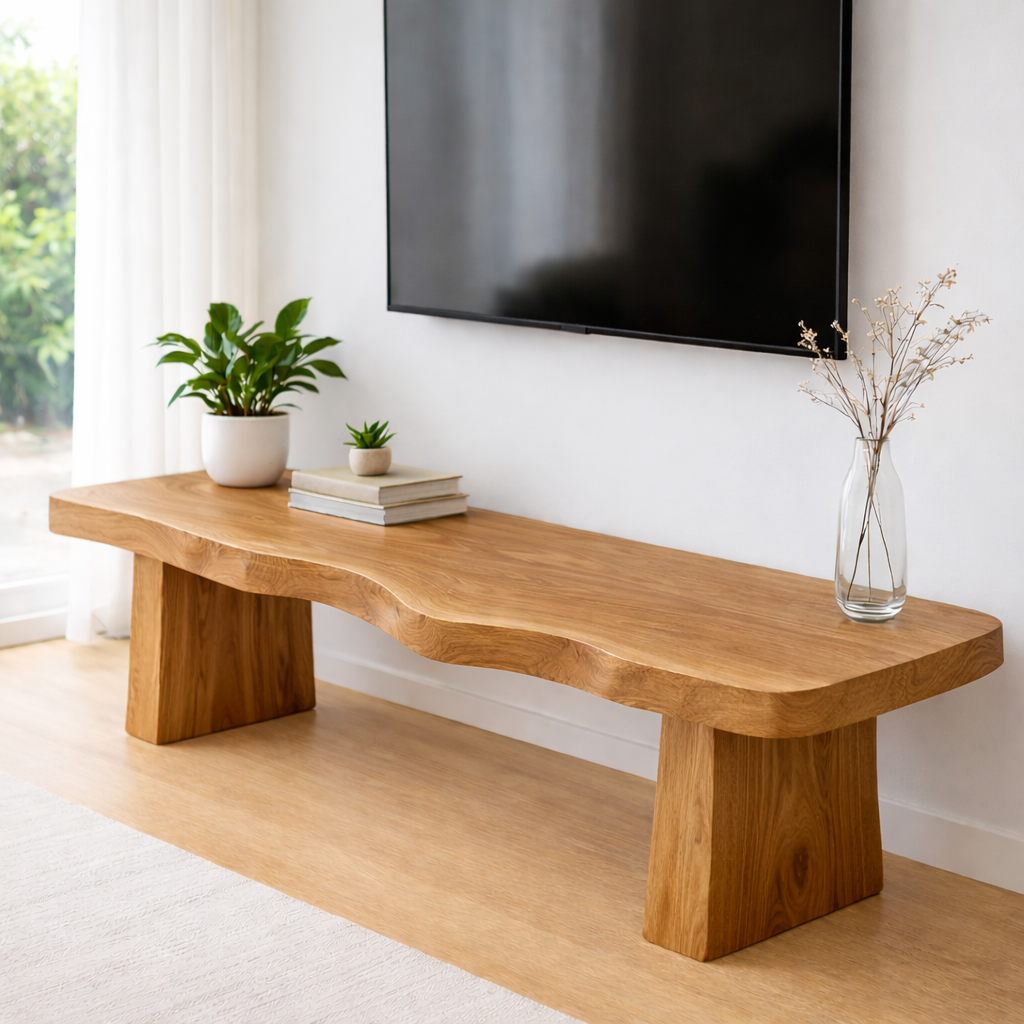 Live Edge Solid Wood TV Stand – Rustic Walnut Media Console Table for Living Room