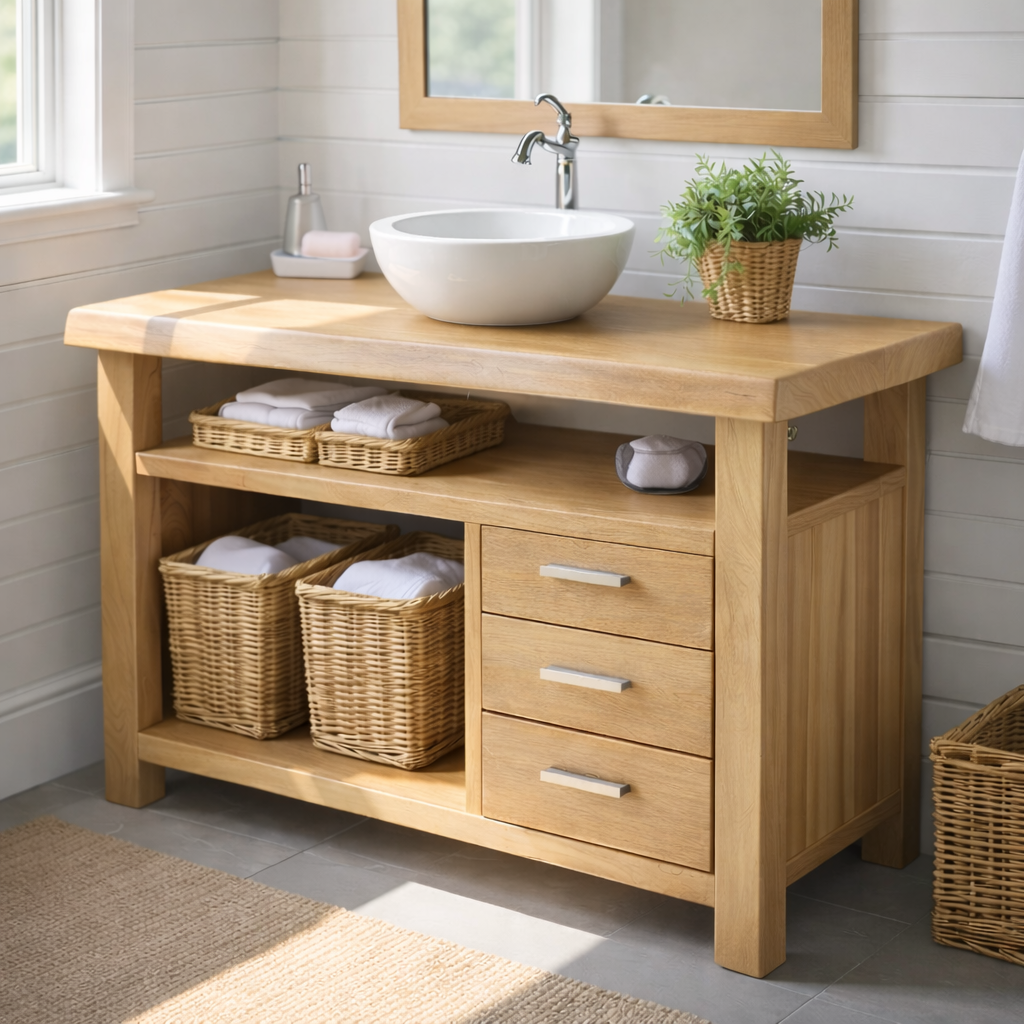 Handcraft Solid Wood Bathroom Vanity with Drawers and Open Shelf Storage