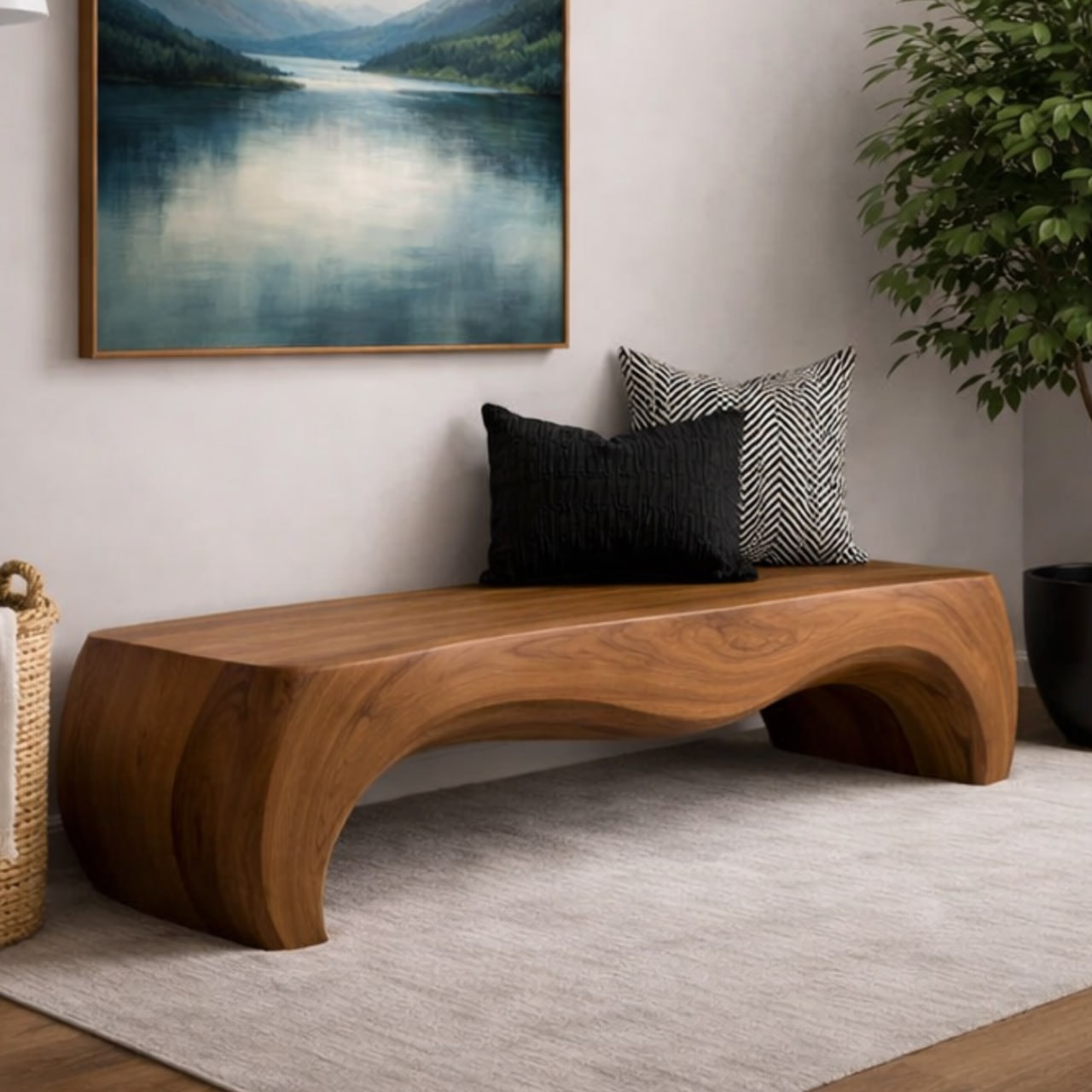Solid Wood Entryway Bench with Smooth Curved Base and Minimal Organic Design