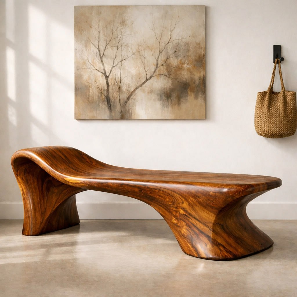 Sculptural Wooden Bench, Modern Curved Entryway Seat, Artistic Statement Accent Furniture Piece