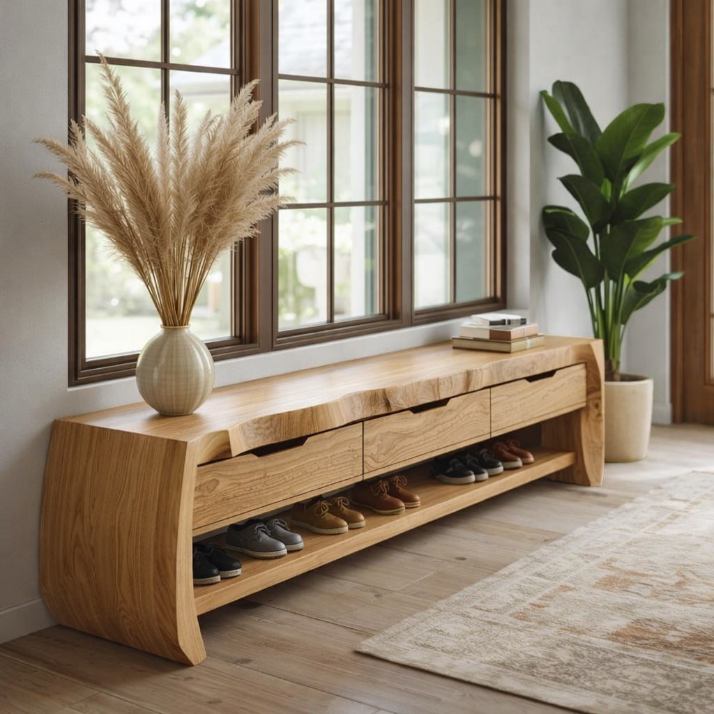 Modern Entryway Bench with Shoe Storage, Wooden Hallway Bench, Console Seat for Mudroom Decor