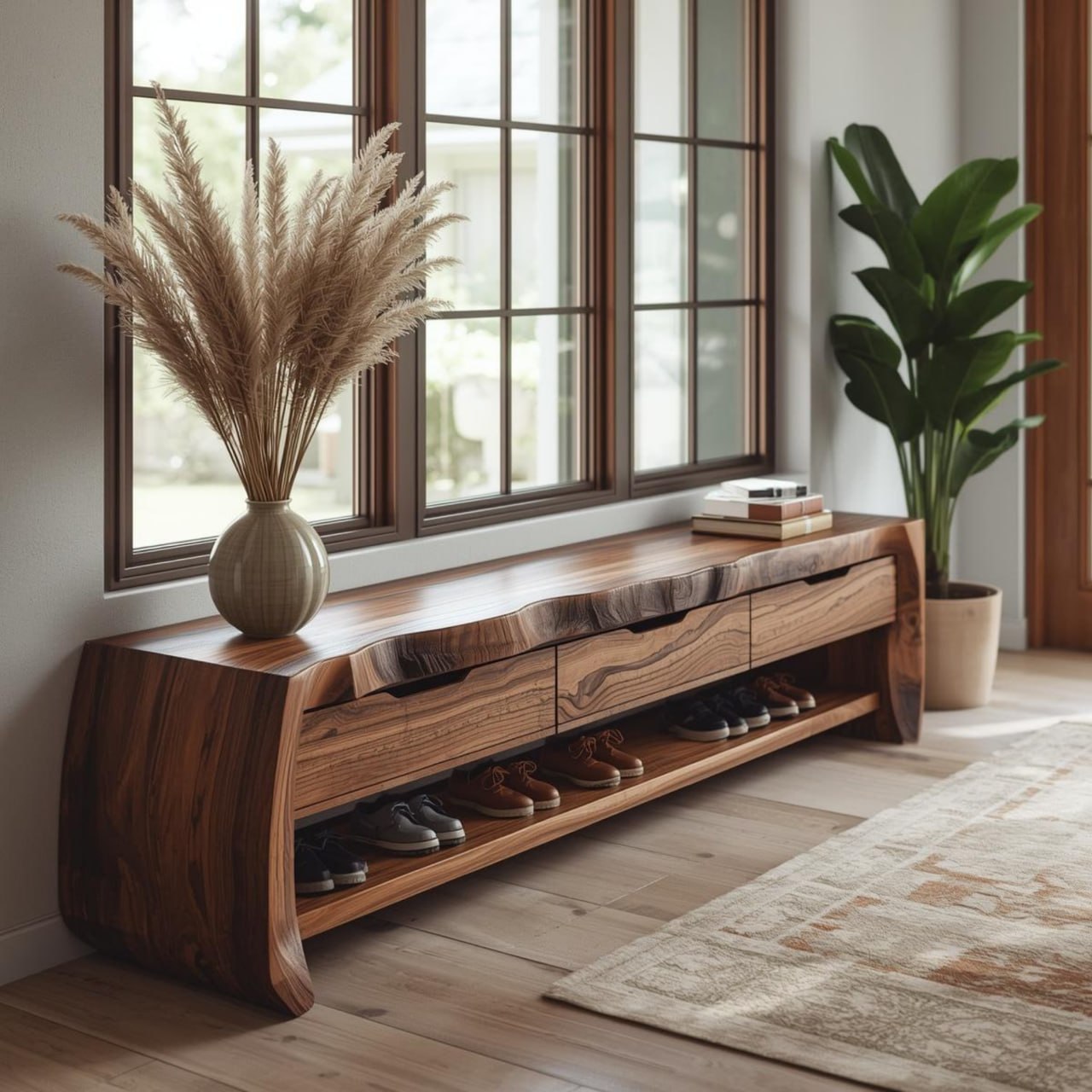 Modern Entryway Bench with Shoe Storage, Wooden Hallway Bench, Console Seat for Mudroom Decor