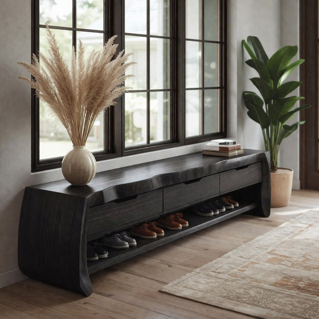 Modern Entryway Bench with Shoe Storage, Wooden Hallway Bench, Console Seat for Mudroom Decor
