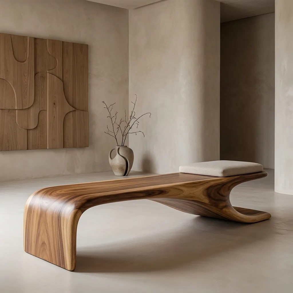 Sculptural Wooden Bench, Modern Curved Accent Seat, Entryway Statement Furniture for Living Room