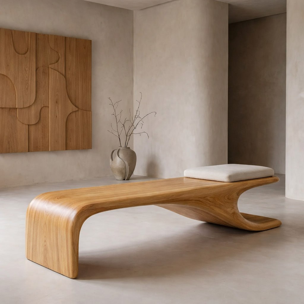 Sculptural Wooden Bench, Modern Curved Accent Seat, Entryway Statement Furniture for Living Room