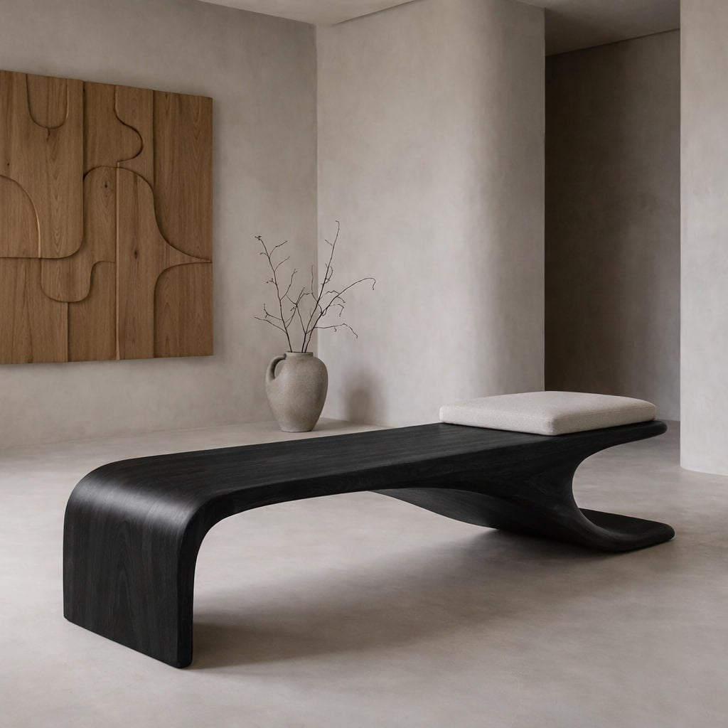 Sculptural Wooden Bench, Modern Curved Accent Seat, Entryway Statement Furniture for Living Room