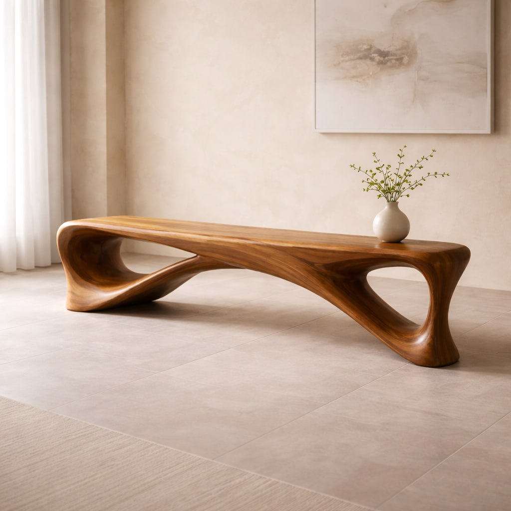 Sculptural Wooden Bench, Modern Curved Entryway Seat, Artistic Statement Bench for Living Room