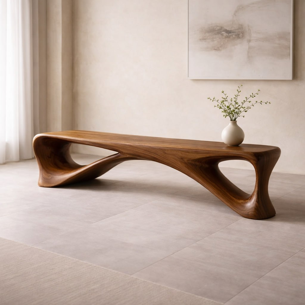 Sculptural Wooden Bench, Modern Curved Entryway Seat, Artistic Statement Bench for Living Room