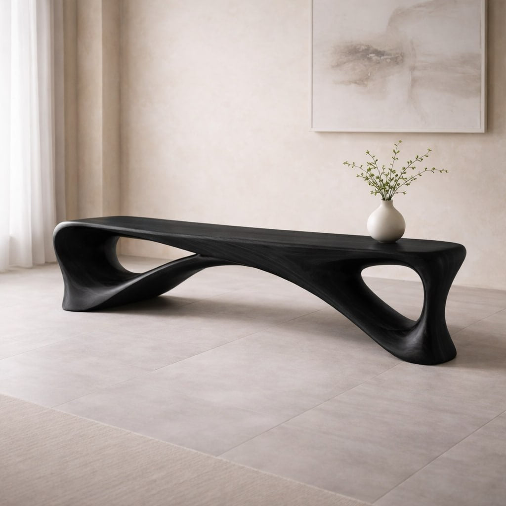 Sculptural Wooden Bench, Modern Curved Entryway Seat, Artistic Statement Bench for Living Room