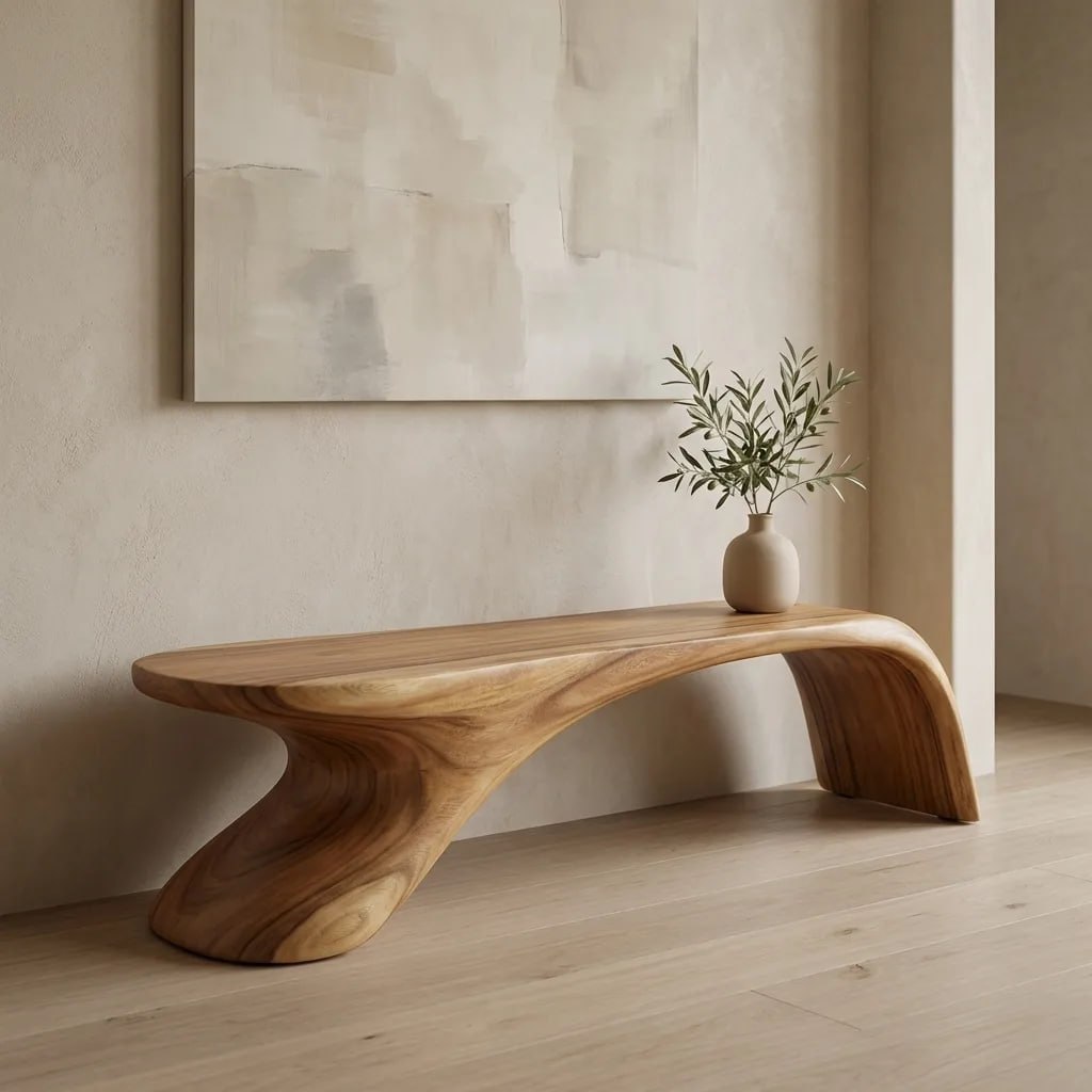 Sculptural Wooden Bench, Modern Curved Accent Seat, Minimalist Entryway Statement Furniture Piece