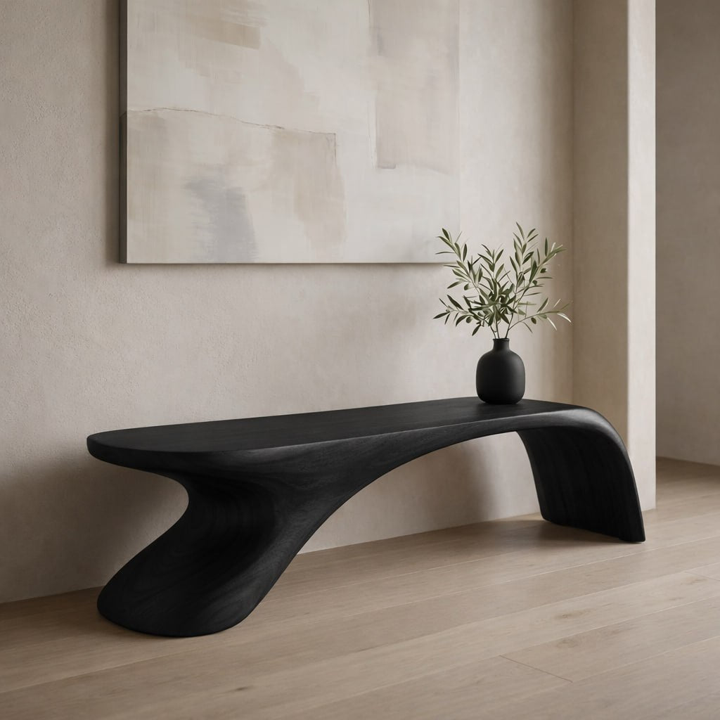 Sculptural Wooden Bench, Modern Curved Accent Seat, Minimalist Entryway Statement Furniture Piece