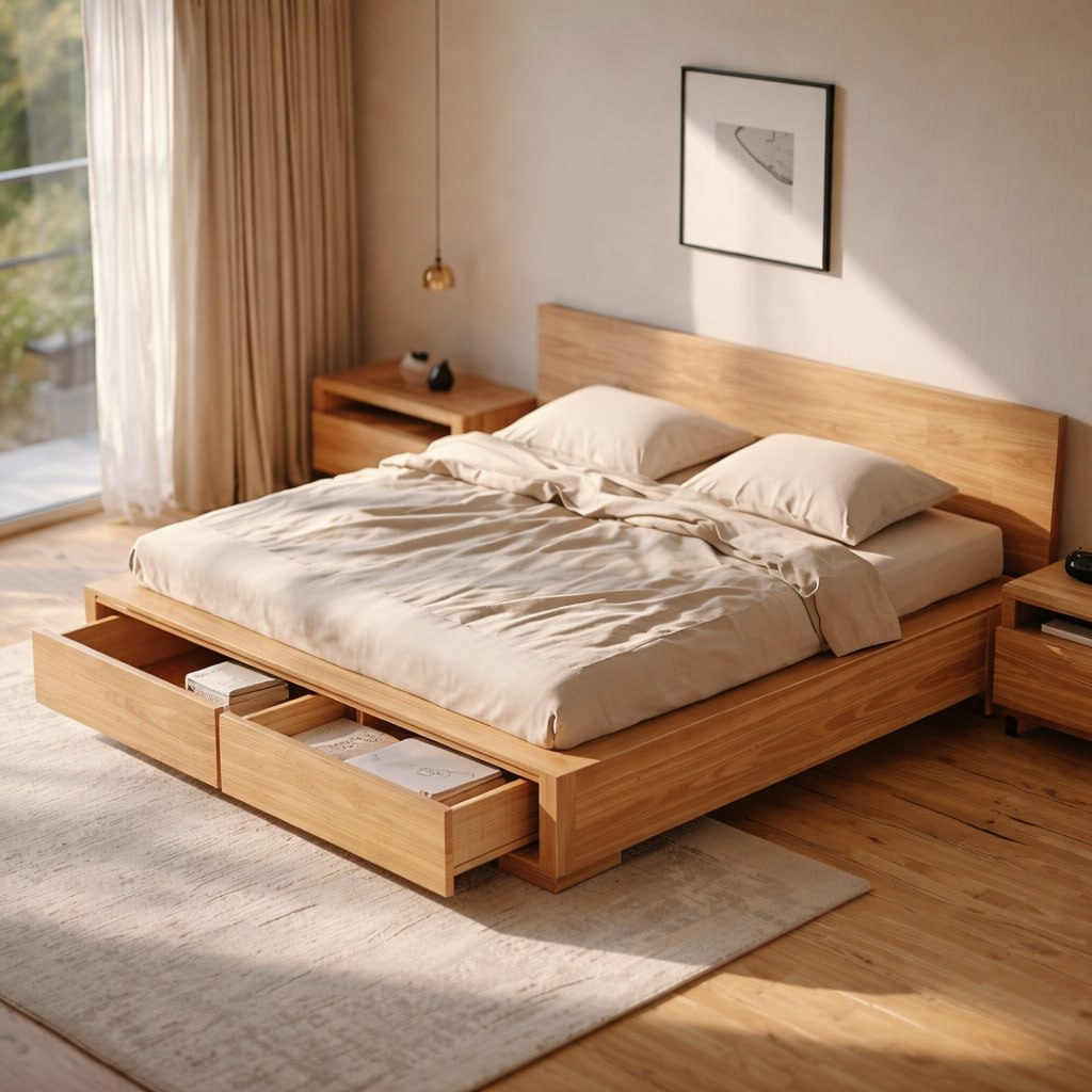 Modern Platform Bed with Storage Drawers, Minimalist Wooden Bed Frame for Bedroom Home Decor