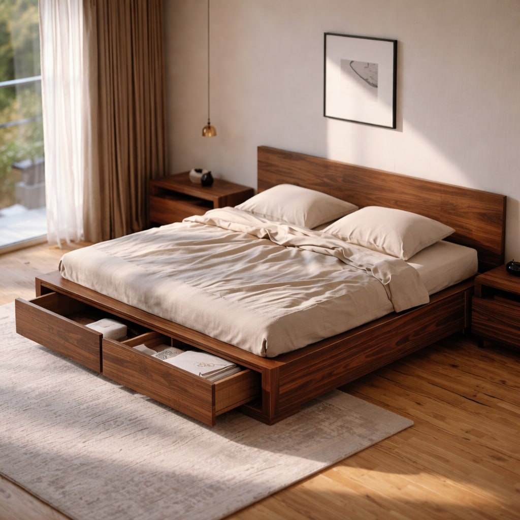 Modern Platform Bed with Storage Drawers, Minimalist Wooden Bed Frame for Bedroom Home Decor