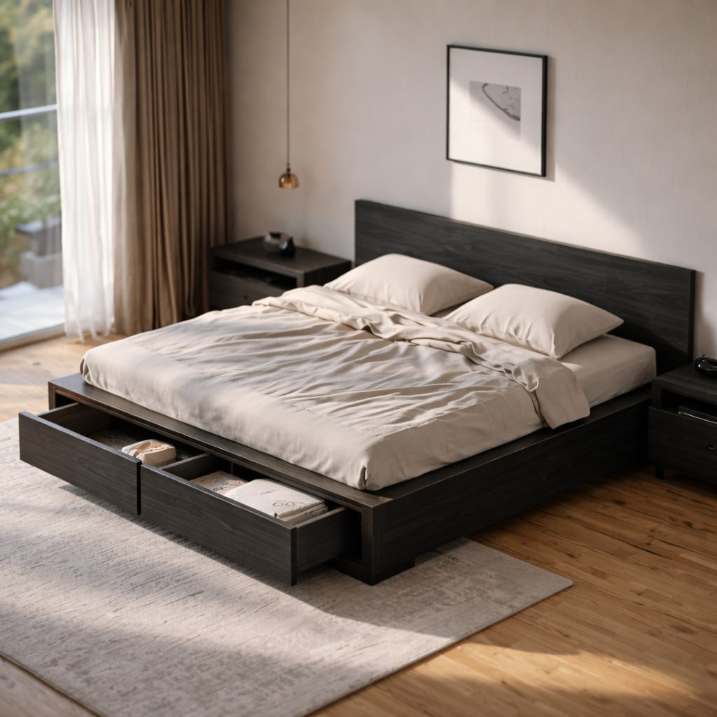 Modern Platform Bed with Storage Drawers, Minimalist Wooden Bed Frame for Bedroom Home Decor