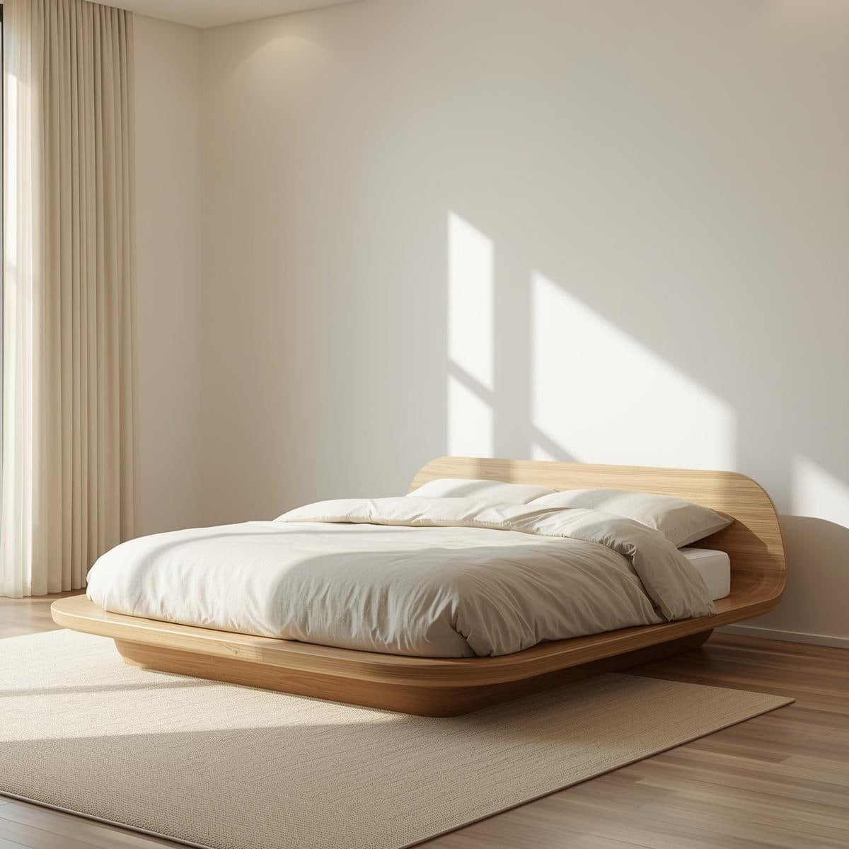 Modern Low Platform Bed Frame, Curved Minimalist Bed, Statement Bedroom Furniture for Home