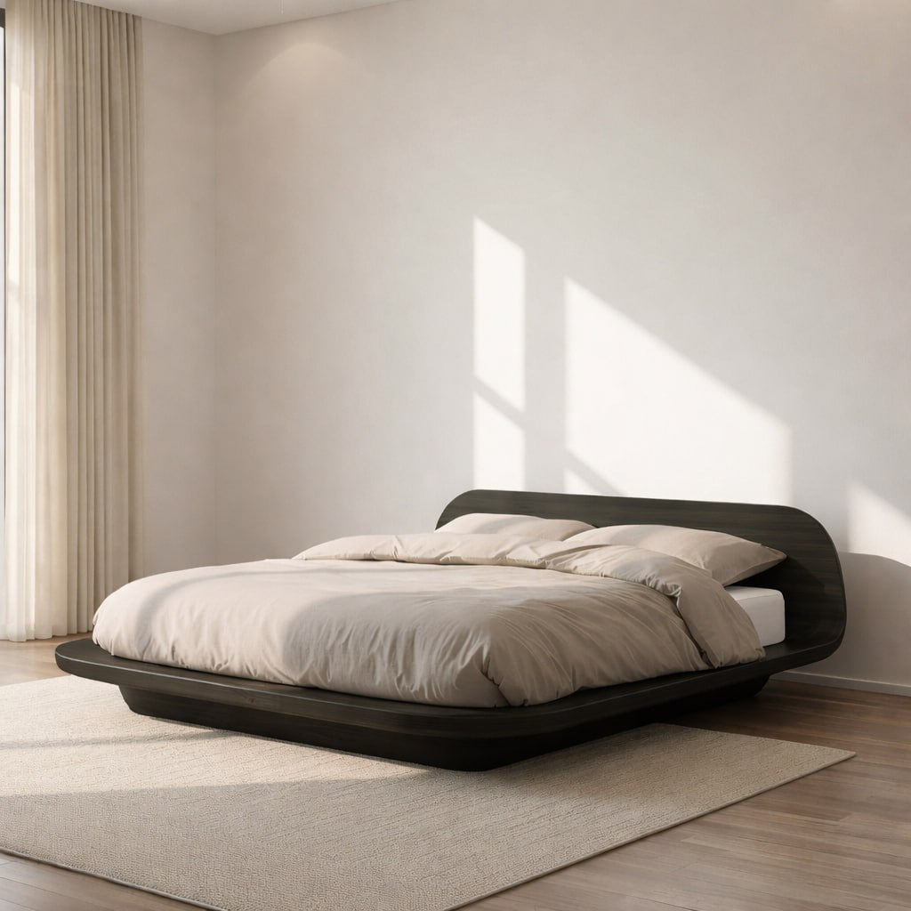 Modern Low Platform Bed Frame, Curved Minimalist Bed, Statement Bedroom Furniture for Home