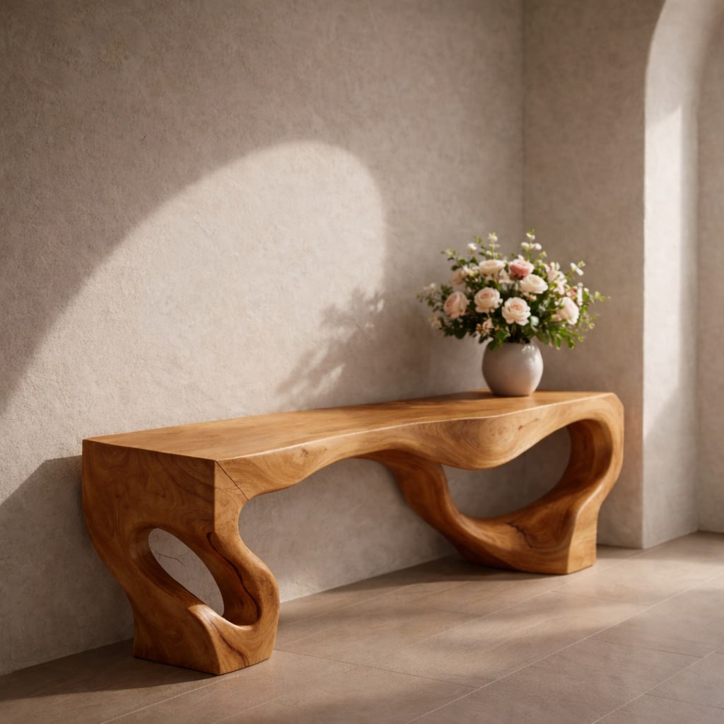 Solid Wood Entryway Bench with Sculptural Organic Base