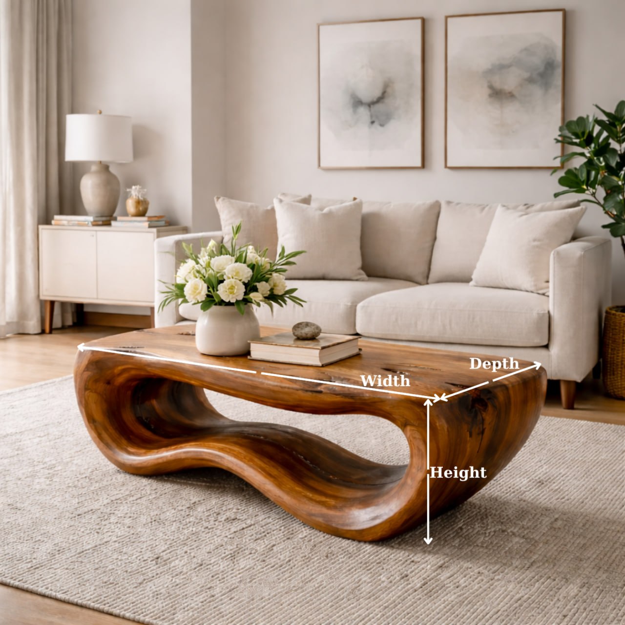 Solid Wood Coffee Table with Sculptural Wave Base and Organic Hand-Carved Design