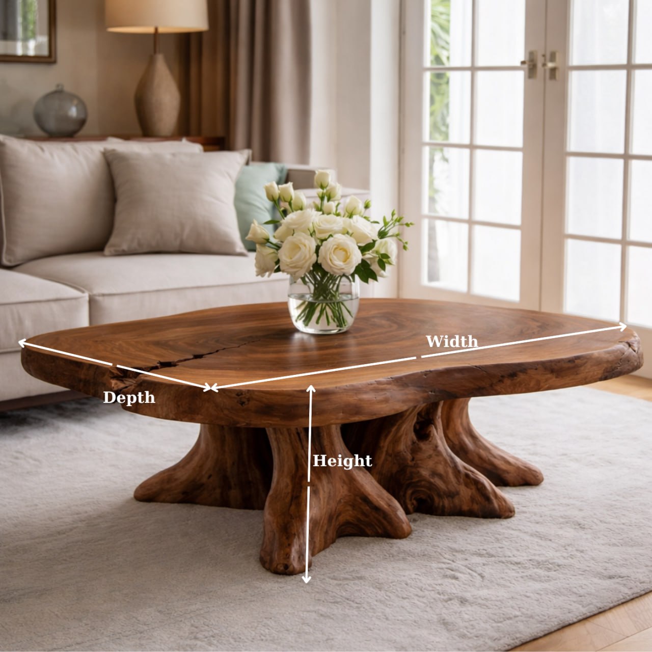 Solid Wood Live Edge Coffee Table with Tree Root Base and Natural Rustic Design