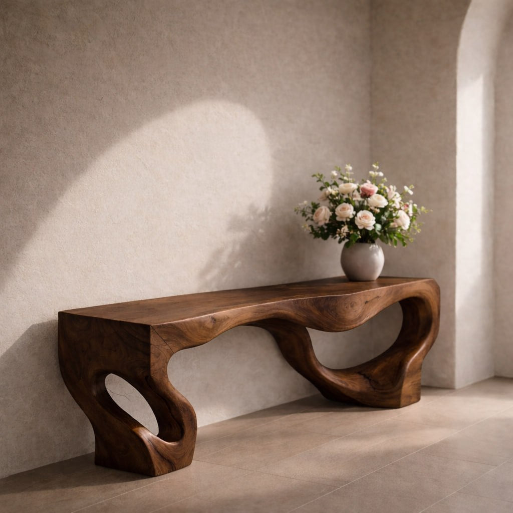 Solid Wood Entryway Bench with Sculptural Organic Base