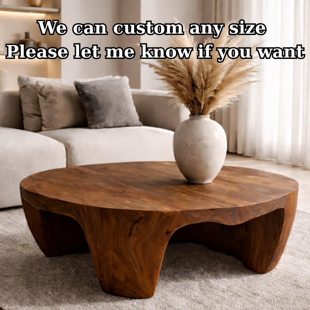 Solid Wood Round Coffee Table with Sculptural Base and Organic Carved Design