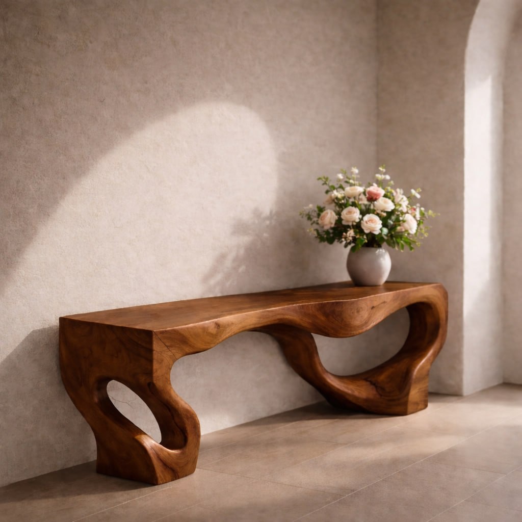 Solid Wood Entryway Bench with Sculptural Organic Base