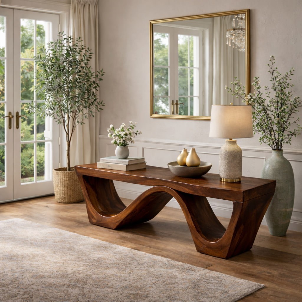 Solid Wood Entryway Bench with Sculptural Wave Base and Organic Curved Design