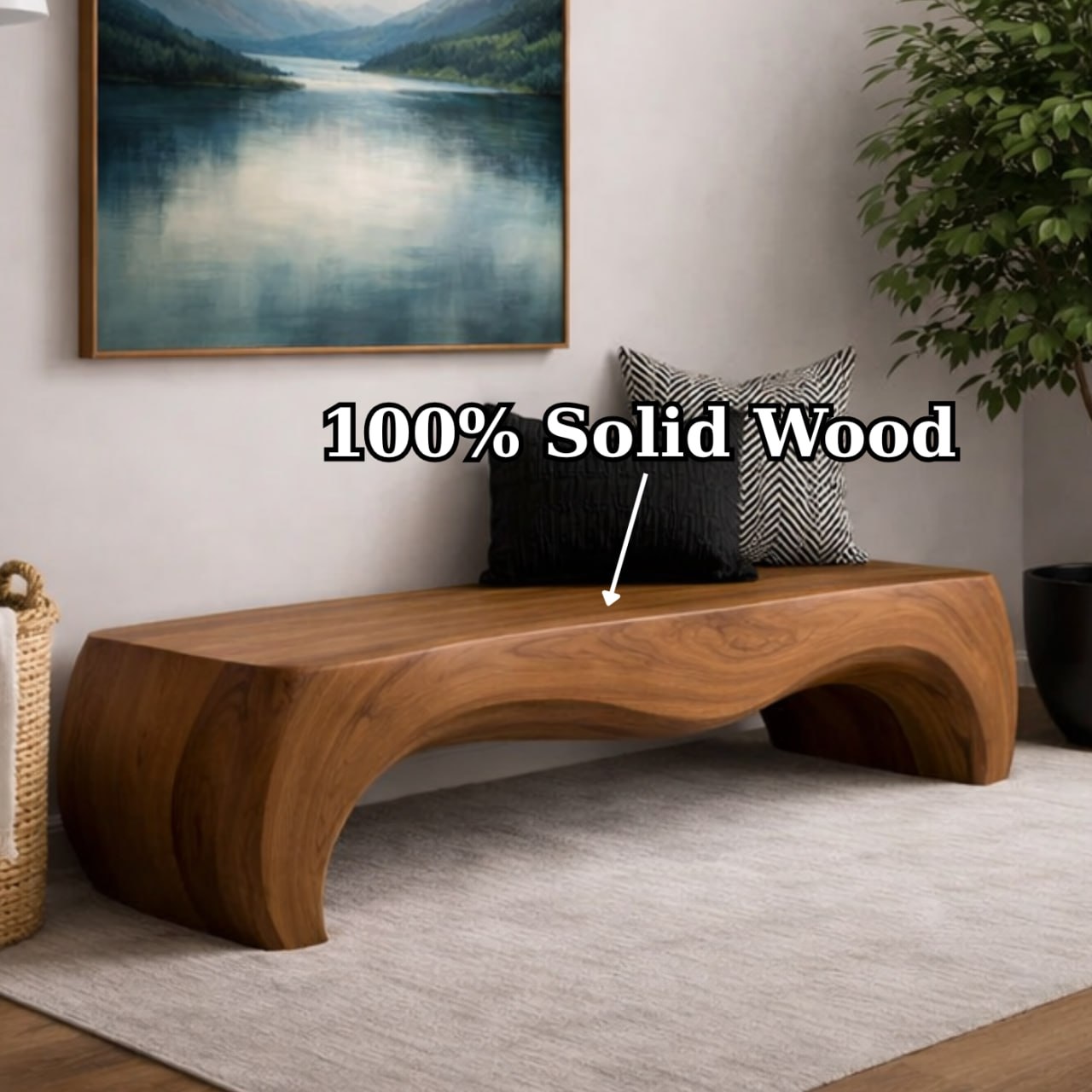 Solid Wood Entryway Bench with Smooth Curved Base and Minimal Organic Design