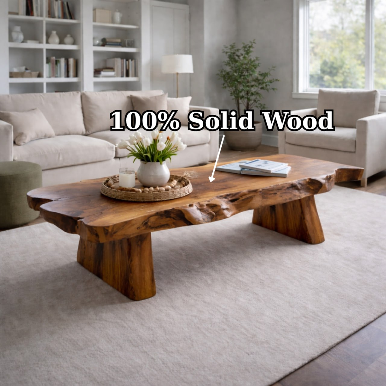 Solid Wood Live Edge Coffee Table with Rustic Slab Top and Thick Block Legs