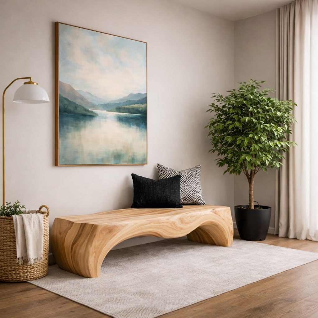 Solid Wood Entryway Bench with Smooth Curved Base and Minimal Organic Design