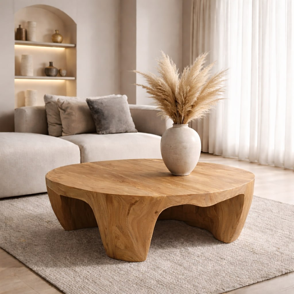 Solid Wood Round Coffee Table with Sculptural Base and Organic Carved Design