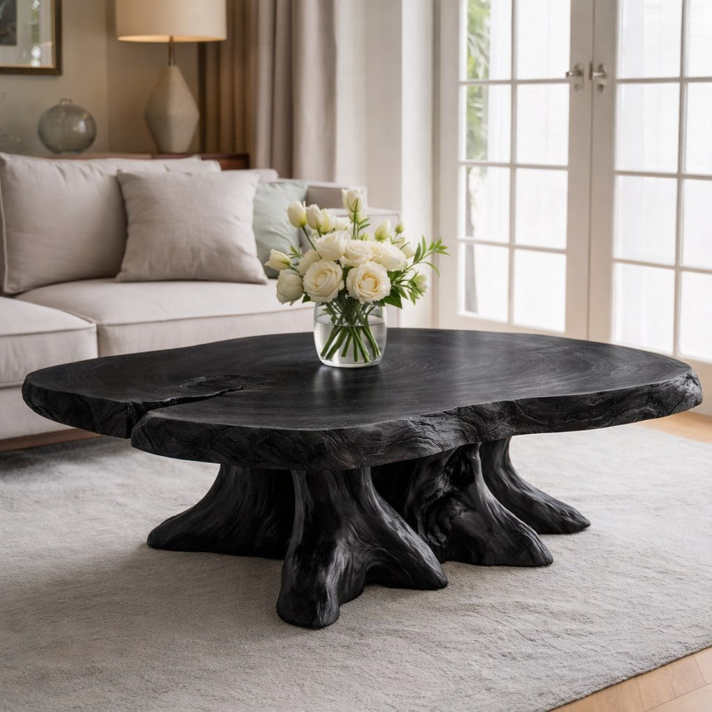 Solid Wood Live Edge Coffee Table with Tree Root Base and Natural Rustic Design