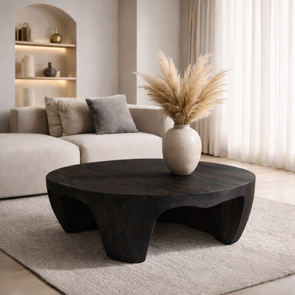 Solid Wood Round Coffee Table with Sculptural Base and Organic Carved Design