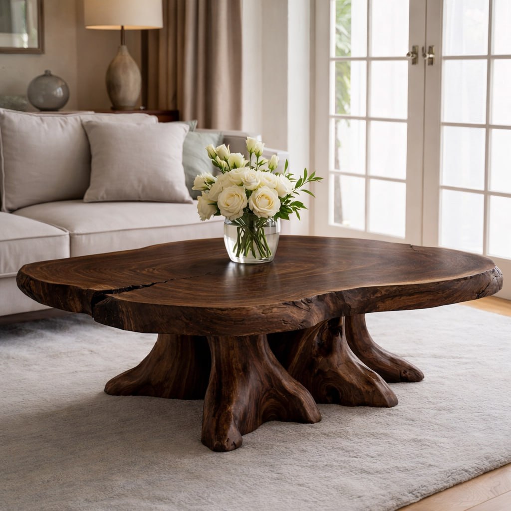 Solid Wood Live Edge Coffee Table with Tree Root Base and Natural Rustic Design