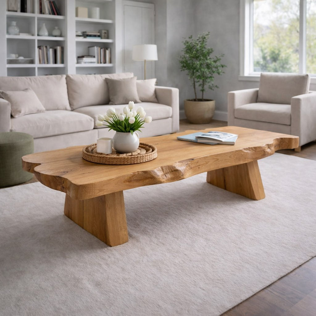 Solid Wood Live Edge Coffee Table with Rustic Slab Top and Thick Block Legs