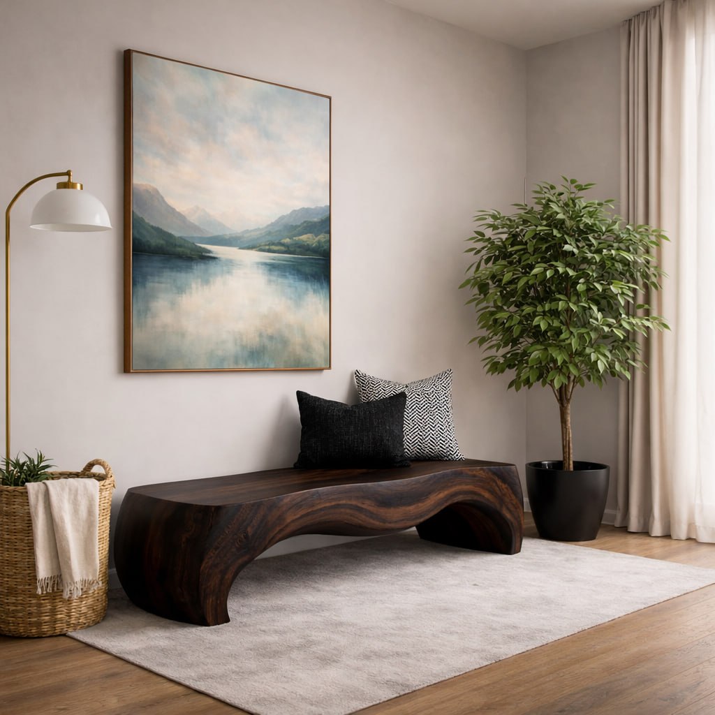 Solid Wood Entryway Bench with Smooth Curved Base and Minimal Organic Design
