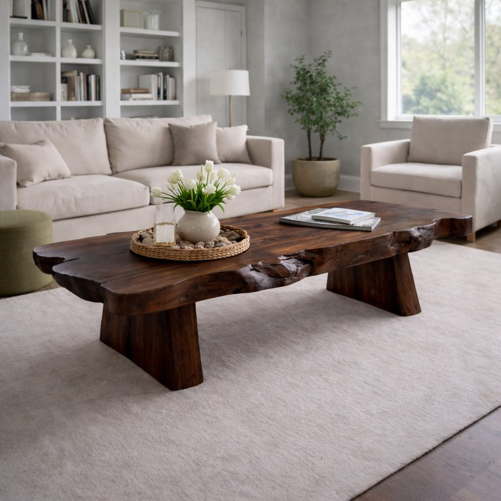 Solid Wood Live Edge Coffee Table with Rustic Slab Top and Thick Block Legs