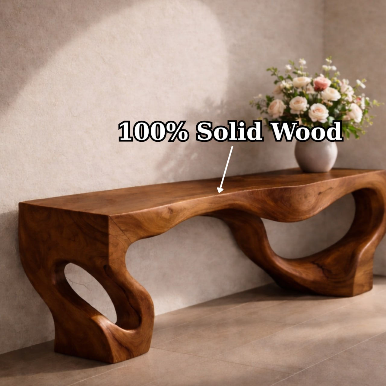 Solid Wood Entryway Bench with Sculptural Organic Base