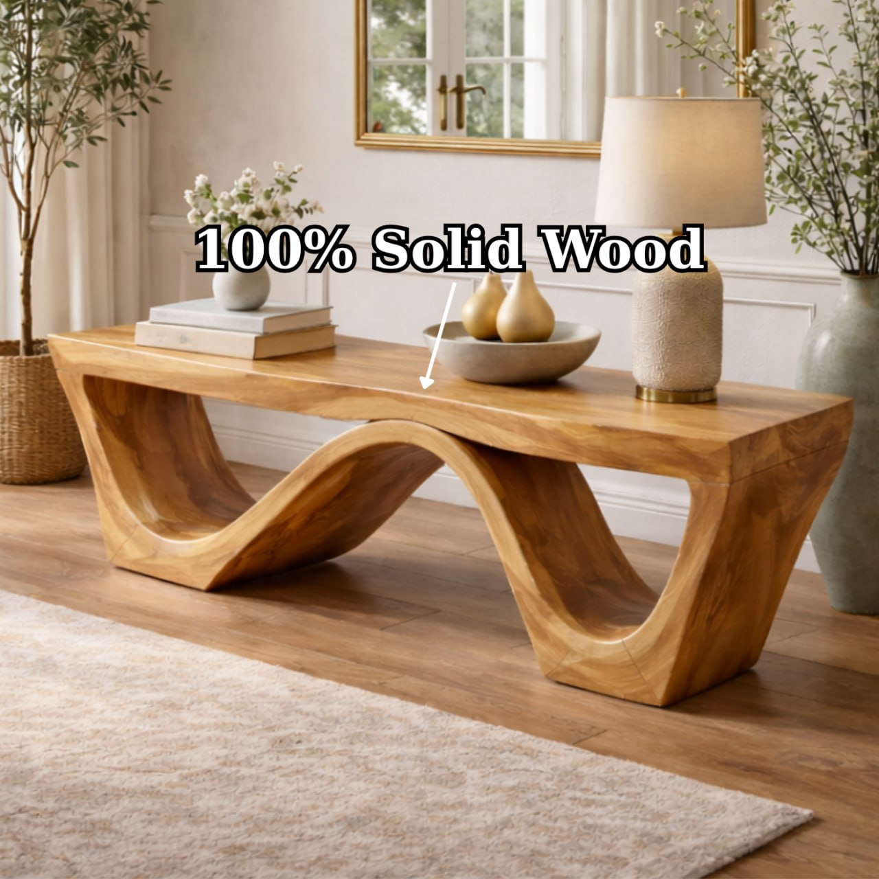 Solid Wood Entryway Bench with Sculptural Wave Base and Organic Curved Design
